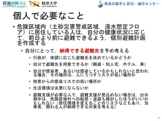 清流の国ぎふ 防災・減災センター
個人で必要なこと
• 危険区域内（土砂災害警戒区域，浸水想定フロ
ア）に居住している人は，自分の健康状況に応じ
て，前日より前に避難できるよう，個別避難計画
を作成する
• 自分にとって，納得できる避難先を予め考える
• 行政が，体調に応じた避難先を決めているかどうか
• 自分で避難先を用意できるか（親戚・知人宅，ホテル，車）
• 自分が感染者，あるいは感染しているかもしれないと思われ
る場合，その場所は，人にうつすリスクが低い場所か
• 他者からの感染リスクの低い場所か
• 生活環境は劣悪にならないか
• 避難支援が必要な人で，避難支援が見込めない場合は，出水
期中は，危険区域外への転居・退避も検討したほうがいいか
もしれない（居住環境を変えることのリスクなどもあり，当
事者，関わる人が納得できる対策を考える）
29
 