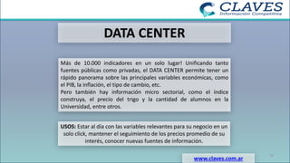 DATA CENTER
Más de 10.000 indicadores en un solo lugar! Unificando tanto
fuentes públicas como privadas, el DATA CENTER permite tener un
rápido panorama sobre las principales variables económicas, como
el PIB, la inflación, el tipo de cambio, etc.
Pero también hay información micro sectorial, como el índice
construya, el precio del trigo y la cantidad de alumnos en la
Universidad, entre otros.
USOS: Estar al día con las variables relevantes para su negocio en un
solo click, mantener el seguimiento de los precios promedio de su
interés, conocer nuevas fuentes de información.
www.claves.com.ar
23
 