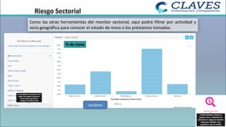 Como las otras herramientas del monitor sectorial, aquí podrá filtrar por actividad y
zona geográfica para conocer el estado de mora o los préstamos tomados.
% de mora
sectores
33
 