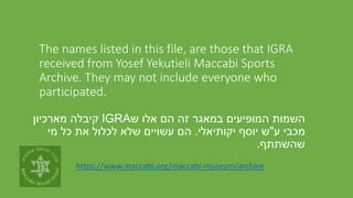 The names listed in this file, are those that IGRA
received from Yosef Yekutieli Maccabi Sports
Archive. They may not incl...