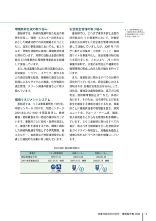 環境負荷低減の取り組み                      安全衛生管理の取り組み                     ※ 1　放射線障害防止法
                                                                 「放射性同位元素等によ
 産総研では、持続的発展可能な社会の実               産総研では、これまで東京本部と全国の             る放射線障害の防止に関す
                                                                 る法律」の略称です。
現を目指し、環境・エネルギー技術をはじ              研究拠点の 19 の事業所において、労働安
めとした関連分野での研究開発を行うとと              全衛生法を順守した安全衛生管理体制を構
もに、日常の事業活動においても、省エネ              築して活動していましたが、2007 年 7 月
ルギー対策を積極的に実施し環境負荷低減              から新たに秋葉原・小金井・八王子・福岡
に努めています。実際の活動は全国の研究              西サイトを事業所化し、安全管理体制の強
拠点 23 の事業所に環境管理委員会を組織            化を図りました。これにより、23 ヶ所の
して実施しています。                       事業所体制で、災害の未然防止や健康的な
 また、地球温暖化防止対策の活動のほか、             職場環境の形成に向けた取り組みを行って
研究廃水、ドラフト、スクラバー排ガスな              います。
どの適正処理と監視、廃棄物の適正な分別               また、産業技術に関わるすべての分野の
処理によるリサイクルの推進、化学物質の              研究を行っているため、研究活動における
適正管理、グリーン調達の推進などに取り              規制法令は、労働安全衛生法を始めとして、
組んでいます。                          消防法、毒物及び劇物取締法、高圧ガス保
                                 安法、放射線障害防止法※ 1 など、多岐に
環境マネジメントシステム                     及びます。そのため、法令順守および安全
 産総研では、つくば東事業所が 1999 年、          衛生を確保する体制を確立するため、事業
中部センターが 2003 年、四国センターが           所ごとに最高責任者の管理監を置き、研究
2004 年に ISO14001 を認証取得し、継続       ユニット長、グループ・チーム長、職員、
審査・更新審査を行い認証の維持を行って              受入研究者などからなる管理体制を構築し
います。事業所ごとに目的・目標を設定し              ています。さらに産総研に関わるすべての
て、環境方針を達成するため、環境と調和              者が、取るべき行動規範を示した産総研安
した持続的発展を可能とする研究開発、省              全ガイドラインを制定し、労働安全衛生と
エネルギー、省資源など地球環境保全に配              環境に係わる行うべき行動を明確にしてい
慮した継続的な活動に取り組んでいます。              ます。


                      ISO14001 認証取得状況

        事業所      つくば東事業所          中部センター          四国センター
   認証取得年月日         1999.11.25      2003.10.24      2004.01.23
   2007 年度審査状況   2007.09.28　継続   2007.10.12　継続   2008.01.18　継続




                                                    産業技術総合研究所　環境報告書 2008    15
 
