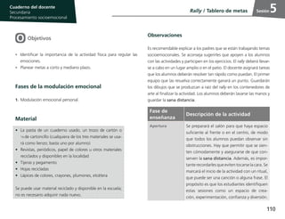 110
Cuaderno del estudiante
Primaria 1, 2 y 3
Procesamiento Socioemocional
Cuaderno del docente
Secundaria
Procesamiento socioemocional
Sesión
Objetivos
•	 Identificar la importancia de la actividad física para regular las
emociones.
•	 Planear metas a corto y mediano plazo.
Fases de la modulación emocional
1.	Modulación emocional personal.
Material
Observaciones
Es recomendable explicar a los padres que se están trabajando temas
socioemocionales. Se aconseja sugerirles que apoyen a los alumnos
con las actividades y participen en los ejercicios. El rally deberá llevar-
se a cabo en un lugar amplio o en el patio. El docente asignará tareas
que los alumnos deberán resolver tan rápido como puedan. El primer
equipo que las resuelva correctamente ganará un punto. Guardarán
los dibujos que se produzcan a raíz del rally en los contenedores de
arte al finalizar la actividad. Los alumnos deberán lavarse las manos y
guardar la sana distancia.
•	 La pasta de un cuaderno usado, un trozo de cartón o
1/8 de cartoncillo (cualquiera de los tres materiales se usa-
rá como lienzo; basta uno por alumno)
•	 Revistas, periódicos, papel de colores u otros materiales
reciclados y disponibles en la localidad
•	 Tijeras y pegamento
•	 Hojas recicladas
•	 Lápices de colores, crayones, plumones, etcétera
Se puede usar material reciclado y disponible en la escuela;
no es necesario adquirir nada nuevo.
Fase de
enseñanza
Descripción de la actividad
Apertura Se preparará el salón para que haya espacio
suficiente al frente o en el centro, de modo
que todos los alumnos puedan observar sin
obstrucciones. Hay que permitir que se sien-
ten cómodamente y asegurarse de que con-
serven la sana distancia. Además, es impor-
tante recordarles que eviten tocarse la cara. Se
marcará el inicio de la actividad con un ritual,
que puede ser una canción o alguna frase. El
propósito es que los estudiantes identifiquen
estas sesiones como un espacio de crea-
ción, experimentación, confianza y diversión.
Rally / Tablero de metas 5
 