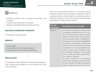 116
Cuaderno del estudiante
Primaria 1, 2 y 3
Procesamiento Socioemocional
Cuaderno del docente
Secundaria
Procesamiento socioemocional
SesiónActitud / Yo soy / Cierre 6
Objetivos
•	 Identificar la diferencia entre una actitud de crecimiento y una
actitud fija.
•	 Fortalecer ideas que permiten ser resilientes.
•	 Recordar lo aprendido durante las sesiones anteriores.
Fases de la modulación emocional
1.	Modulación emocional personal.
Material
Observaciones
En este ejercicio se busca flexibilizar las perspectivas personales, así
como vislumbrar oportunidades en lo que anteriormente se veía
como un obstáculo.
Tras el cierre, las actividades culminarán con una exposición que po-
drá llevarse a cabo en el salón o en algún otro lugar de la escuela. Se
requiere que todos los alumnos tengan sus contenedores y todas las
hojas de las actividades. Si alguno de los alumnos no se siente cómo-
do exponiendo un trabajo, puede no hacerlo.
•	 Hojas de papel
•	 Plumas, lápices de grafito y lápices de colores
•	 Los contenedores con las obras de los estudiantes
Fase de
enseñanza
Descripción de la actividad
Apertura Se comienza por preparar el salón para que
haya espacio suficiente al frente o en el cen-
tro, de modo que todos los alumnos puedan
observar sin obstrucciones. Hay que permitir
que los alumnos se sienten cómodamente y
asegurarse de que conserven la sana distan-
cia. Además, es importante recordarles que
eviten tocarse la cara. Se marcará el inicio de
la actividad con un ritual, que puede ser una
canción o alguna frase. El propósito es que
los estudiantes identifiquen estas sesiones
como un espacio de creación, experimenta-
ción, confianza y diversión.
El docente promoverá una conversación
acerca de las actitudes que permiten afron-
tar retos. Para ello, hará preguntas abiertas al
grupo, por ejemplo: ¿Es lo mismo tener una
 