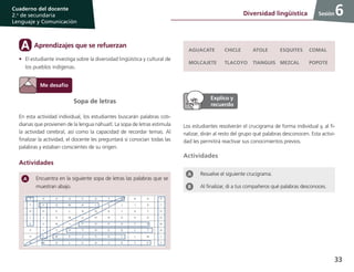 33
Cuaderno del docente
2.o
de secundaria
Lenguaje y Comunicación
Sesión6Diversidad lingüística
Sopa de letras
En esta actividad individual, los estudiantes buscarán palabras coti-
dianas que provienen de la lengua náhuatl. La sopa de letras estimula
la actividad cerebral, así como la capacidad de recordar temas. Al
finalizar la actividad, el docente les preguntará si conocían todas las
palabras y estaban conscientes de su origen.
Actividades
Encuentra en la siguiente sopa de letras las palabras que se
muestran abajo.
Aprendizajes que se refuerzanA
•	 El estudiante investiga sobre la diversidad lingüística y cultural de
los pueblos indígenas.
AGUACATE CHICLE ATOLE ESQUITES COMAL
MOLCAJETE TLACOYO TIANGUIS MEZCAL POPOTE
Los estudiantes resolverán el crucigrama de forma individual y, al fi-
nalizar, dirán al resto del grupo qué palabras desconocen. Esta activi-
dad les permitirá reactivar sus conocimientos previos.
Actividades
Resuelve el siguiente crucigrama.
Al finalizar, di a tus compañeros qué palabras desconoces.
 
