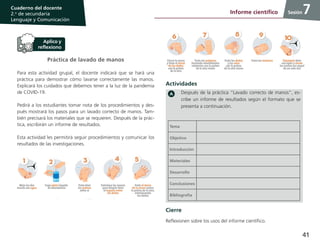 41
Cuaderno del docente
2.o
de secundaria
Lenguaje y Comunicación
Sesión
Práctica de lavado de manos
Para esta actividad grupal, el docente indicará que se hará una
práctica para demostrar cómo lavarse correctamente las manos.
Explicará los cuidados que debemos tener a la luz de la pandemia
de COVID-19.
Pedirá a los estudiantes tomar nota de los procedimientos y des-
pués mostrará los pasos para un lavado correcto de manos. Tam-
bién precisará los materiales que se requieren. Después de la prác-
tica, escribirán un informe de resultados.
Esta actividad les permitirá seguir procedimientos y comunicar los
resultados de las investigaciones.
Después de la práctica “Lavado correcto de manos”, es-
cribe un informe de resultados según el formato que se
presenta a continuación.
Tema
Objetivo
Introducción
Materiales
Desarrollo
Conclusiones
Bibliografía
Actividades
Cierre
Reflexionen sobre los usos del informe científico.
7Informe científico
 