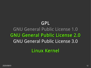 2020/08/01 12
GPLGPL
GNU General Public License 1.0
GNU General Public License 2.0GNU General Public License 2.0
GNU General Public License 3.0
Linux KernelLinux Kernel
 