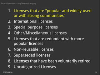 2020/08/01 35
1. Licenses that are "popular and widely-used
or with strong communities"
2. International licenses
3. Special purpose licenses
4. Other/Miscellaneous licenses
5. Licenses that are redundant with more
popular licenses
6. Non-reusable licenses
7. Superseded licenses
8. Licenses that have been voluntarily retired
9. Uncategorized Licenses
https://opensource.org/licenses/category
 
