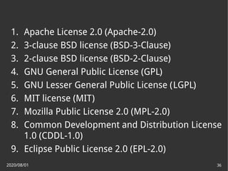 2020/08/01 36
1. Apache License 2.0 (Apache-2.0)
2. 3-clause BSD license (BSD-3-Clause)
3. 2-clause BSD license (BSD-2-Clause)
4. GNU General Public License (GPL)
5. GNU Lesser General Public License (LGPL)
6. MIT license (MIT)
7. Mozilla Public License 2.0 (MPL-2.0)
8. Common Development and Distribution License
1.0 (CDDL-1.0)
9. Eclipse Public License 2.0 (EPL-2.0)
 