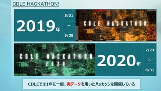 CDLE HACKATHON!
2019
CDLEǤ1һȡgǩ`äϥå_ߤƤ
8/31

9/28
2020
7/23

8/31
 