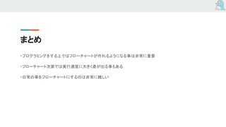 まとめ
・プログラミングをする上ではフローチャートが作れるようになる事は非常に重要
・フローチャート次第では実行速度に大きく差が出る事もある
・日常の事をフローチャートにするのは非常に難しい
 