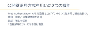 6
_I?ʽ?2ĤΙC
Web Authentication API ϵhȥ2ĤλĤʙCܤ֤ġ
h?ȹ_I
J^?
*hˤĤƤϱ?ϸ
 