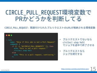 CIRCLE_PULL_REQUEST環境変数で
PRかどうかを判断してる
2020/08/05 15https://circleci.com/docs/ja/2.0/env-vars/
CIRCLE_PULL_REQUEST: 関連付けられたプルリクエストのURLが格納される環境変数
• プルリクエストでないなら
circleci step halt
でジョブを途中で終了させる
• プルリクエストなら
ジョブを続⾏する
 