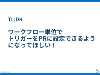 TL;DR
ワークフロー単位で
トリガーをPRに設定できるよう
になってほしい！
2020/08/05 5
 