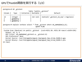 GPUでPostGIS関数を実行する（1/2）
postgres=# ¥d _gistest
Table "public._gistest"
Column | Type | Collation | Nullable | Default
--------+----------+-----------+----------+--------------------------------------
id | integer | | not null | nextval('_gistest_id_seq'::regclass)
a | geometry | | |
b | geometry | | |
postgres=# explain verbose select * from _gistest where st_contains(a,b);
QUERY PLAN
------------------------------------------------------------------------------------
Custom Scan (GpuScan) on public._gistest (cost=4251.50..4251.50 rows=1 width=196)
Output: id, a, b
GPU Filter: st_contains(_gistest.a, _gistest.b)
GPU Preference: None
Kernel Source: /var/lib/pgdata/pgsql_tmp/pgsql_tmp_strom_21028.4.gpu
Kernel Binary: /var/lib/pgdata/pgsql_tmp/pgsql_tmp_strom_21028.5.ptx
(6 rows)
爆速Webinar#01 － 地理情報を爆速で処理する PG-Strom の新機能15
 