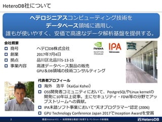 HeteroDB社について
爆速Webinar#01 － 地理情報を爆速で処理する PG-Strom の新機能2
会社概要
 商号 ヘテロDB株式会社
 創業 2017年7月4日
 拠点 品川区北品川5-13-15
 事業内容 高速データベース製品の販売
GPU＆DB領域の技術コンサルティング
ヘテロジニアスコンピューティング技術を
データベース領域に適用し、
誰もが使いやすく、安価で高速なデータ解析基盤を提供する。
代表者プロフィール
 海外 浩平（KaiGai Kohei）
 OSS開発者コミュニティにおいて、PostgreSQLやLinux kernelの
開発に10年以上従事。主にセキュリティ・FDW等の分野でアッ
プストリームへの貢献。
 IPA未踏ソフト事業において“天才プログラマー”認定 (2006)
 GPU Technology Conference Japan 2017でInception Awardを受賞
 