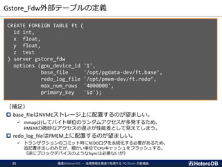 Gstore_Fdw外部テーブルの定義
CREATE FOREIGN TABLE ft (
id int,
x float,
y float,
z text
) server gstore_fdw
options (gpu_device_id '1',
base_file '/opt/pgdata-dev/ft.base',
redo_log_file '/opt/pmem-dev/ft.redo’,
max_num_rows '4000000',
primary_key 'id');
（補足）
 base_fileはNVMEストレージ上に配置するのが望ましい。
✓ mmap(2)してバイト単位のランダムアクセスが多発するため、
PMEMの微妙なアクセスの遅さが性能差として見えてしまう。
 redo_log_fileはPMEM上に配置するのが望ましい。
✓ トランザクションのコミット時にREDOログを永続化する必要があるため。
追記書き出しのみだが、細かい単位でCPUキャッシュをフラッシュする。
（逆にブロックデバイスのようなfsyncは必要ないが）
爆速Webinar#01 － 地理情報を爆速で処理する PG-Strom の新機能25
 