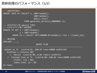 更新処理のパフォーマンス（1/2）
--- 200万行を投入
INSERT INTO ft (SELECT x, 100*random(),
100*random(),
md5(x::text)
FROM generate_series(1,2000000) x);
--- 以下のクエリを pgbench で投入
--- (クライアント数：20を想定）
UPDATE ft SET x = 100*random(),
y = 100*random()
WHERE id = (SELECT 20*(100000.0*random())::int + :client_id);
--- 実行計画
EXPLAIN ....;
QUERY PLAN
-------------------------------------------------------------------
Update on ft (cost=0.02..100.03 rows=10000 width=58)
InitPlan 1 (returns $0)
-> Result (cost=0.00..0.02 rows=1 width=4)
-> Foreign Scan on ft (cost=0.00..100.01 rows=10000 width=58)
Filter: (id = $0)
Index Cond: id = $0
(6 rows)
爆速Webinar#01 － 地理情報を爆速で処理する PG-Strom の新機能26
 
