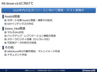 PG-Strom v3.0に向けて
爆速Webinar#01 － 地理情報を爆速で処理する PG-Strom の新機能32
▌PostGIS関連
 サポート対象 PostGIS 関数・演算子の拡充
 GiSTインデックスの対応
▌Gstore_Fdw関連
 マルチGPU対応
 バックアップ・レプリケーション機能の実装
 スケーラビリティ改善（ロックレス化）
 可変長データの持ち方改良
▌その他
 AWS/Azure向けの動作検証、マシンイメージ作成
 ドキュメント作成
2020年内の正式リリースに向けて開発・テスト実施中
 