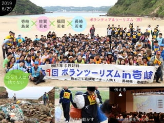 2019
6/29
壱岐
島民
佐賀
若者
福岡
若者× × 長崎
若者×
ボランティア＆ツーリズム（旅）
現状を知る 身体を動かす 対策を考える
伝える
▲
ひらう人は
捨てない
 