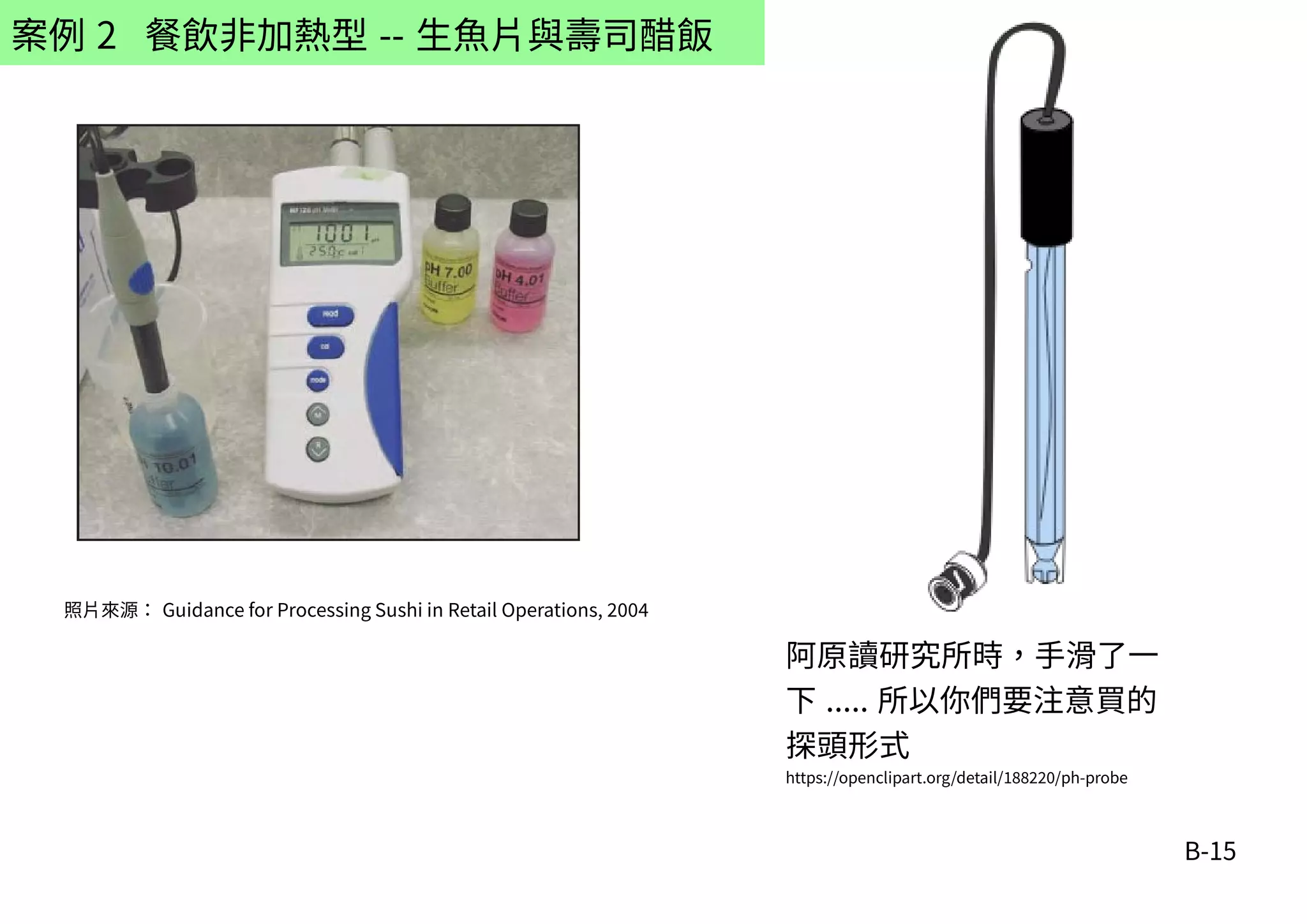B-15
案例 2 餐飲非加熱型 -- 生魚片與壽司醋飯
照片來源： Guidance for Processing Sushi in Retail Operations, 2004
阿原讀研究所時，手滑了一
下 ..... 所以你們要注意買的
探頭形式
https://openclipart.org/detail/188220/ph-probe
 