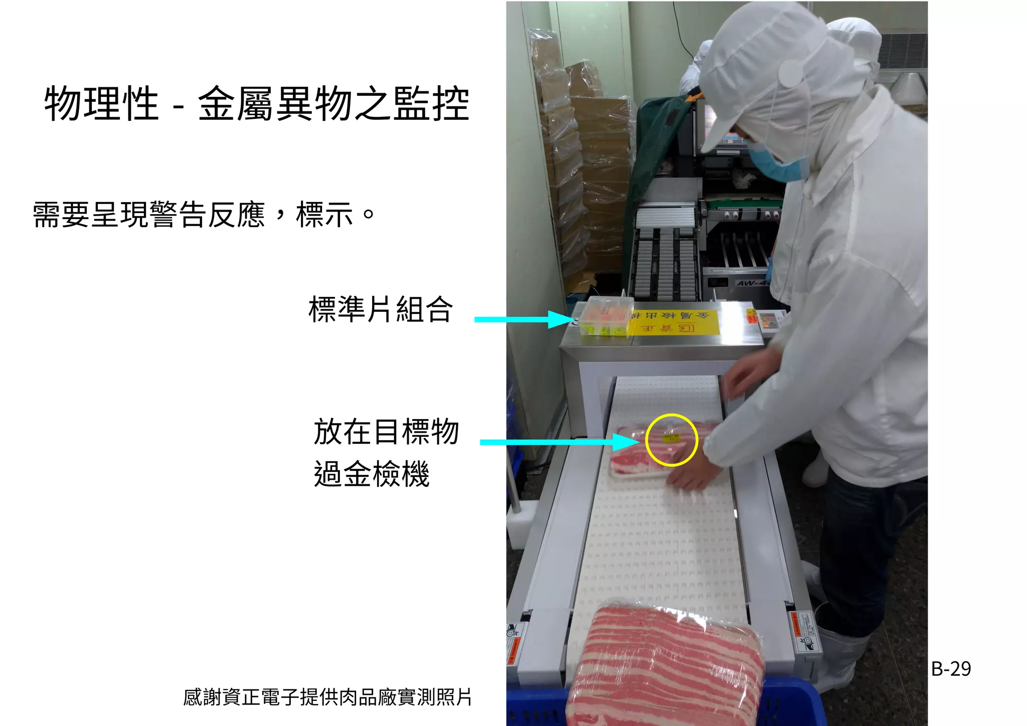B-29
標準片組合
放在目標物
過金檢機
需要呈現警告反應，標示。
感謝資正電子提供肉品廠實測照片
物理性 - 金屬異物之監控
 
