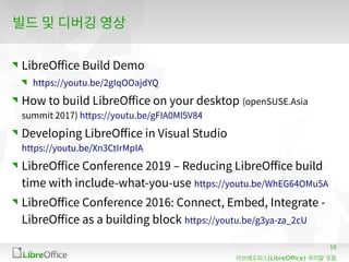 16
(LibreOffice)리브레오피스 우리말 모듬
빌드 및 디버깅 영상
LibreOffice Build Demo
https://youtu.be/2gIqOOajdYQ
How to build LibreOffice on your desktop (openSUSE.Asia
summit 2017) https://youtu.be/gFIA0Ml5V84
Developing LibreOffice in Visual Studio
https://youtu.be/Xn3CtIrMpIA
LibreOffice Conference 2019 – Reducing LibreOffice build
time with include-what-you-use https://youtu.be/WhEG64OMu5A
LibreOffice Conference 2016: Connect, Embed, Integrate -
LibreOffice as a building block https://youtu.be/g3ya-za_2cU
 