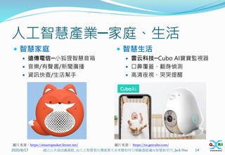人工智慧產業─家庭、生活
 智慧家庭
 遠傳電信─小狐狸智慧音箱
 音樂/有聲書/新聞廣播
 資訊快查/生活幫手
 智慧生活
 雲云科技─Cubo AI寶寶監視器
 口鼻覆蓋、翻身偵測
 高清夜視、哭哭提醒
2020/8/17 14
國立公共資訊圖書館_由人工智慧看台灣產業大未來暨如何引領圖書館邁向智慧新世代_Jack Hsu
圖片來源：https://smartspeaker.fetnet.net/ 圖片來源： https://tw.getcubo.com/
 