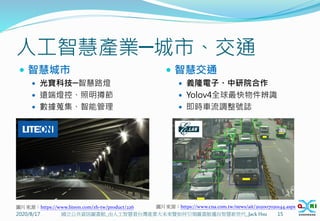 人工智慧產業─城市、交通
 智慧城市
 光寶科技─智慧路燈
 遠端燈控、照明撙節
 數據蒐集、智能管理
 智慧交通
 義隆電子、中研院合作
 Yolov4全球最快物件辨識
 即時車流調整號誌
2020/8/17 15
國立公共資訊圖書館_由人工智慧看台灣產業大未來暨如何引領圖書館邁向智慧新世代_Jack Hsu
圖片來源：https://www.cna.com.tw/news/ait/202007020144.aspx
圖片來源：https://www.liteon.com/zh-tw/product/226
 