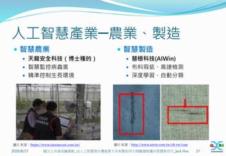 人工智慧產業─農業、製造
 智慧農業
 天龍安全科技（博士種的）
 智慧監控病蟲害
 精準控制生長環境
 智慧製造
 慧穩科技(AIWin)
 布料瑕疵、高速檢測
 深度學習、自動分類
2020/8/17 17
國立公共資訊圖書館_由人工智慧看台灣產業大未來暨如何引領圖書館邁向智慧新世代_Jack Hsu
圖片來源：https://www.tanosecure.com.tw/ 圖片來源：http://www.aiwin.com.tw/zh-tw/case
 