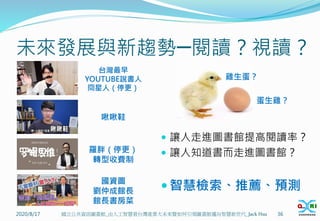 未來發展與新趨勢─閱讀？視讀？
 讓人走進圖書館提高閱讀率？
 讓人知道書而走進圖書館？
 智慧檢索、推薦、預測
2020/8/17 36
國立公共資訊圖書館_由人工智慧看台灣產業大未來暨如何引領圖書館邁向智慧新世代_Jack Hsu
台灣最早
YOUTUBE說書人
冏星人（停更）
啾啾鞋
羅胖（停更）
轉型收費制
雞生蛋？
蛋生雞？
國資圖
劉仲成館長
館長書房菜
 