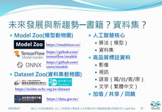 未來發展與新趨勢─書籍？資料集？
 Model Zoo(模型動物園)
 Dataset Zoo(資料集動物園)
 人工智慧核心
 算法（模型）
 資料集
 高品質標註資料
 影像
 視訊
 語音（國/台/客/原）
 文字（繁體中文）
 加值 / 共享 / 回饋
2020/8/17 37
國立公共資訊圖書館_由人工智慧看台灣產業大未來暨如何引領圖書館邁向智慧新世代_Jack Hsu
https://modelzoo.co/
https://github.com/
tensorflow/models
https://github.com/
onnx/models
https://scidm.nchc.org.tw/dataset
https://data.gov.tw/
 