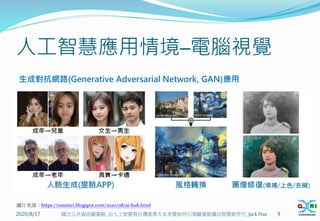 人工智慧應用情境─電腦視覺
2020/8/17 9
國立公共資訊圖書館_由人工智慧看台灣產業大未來暨如何引領圖書館邁向智慧新世代_Jack Hsu
生成對抗網路(Generative Adversarial Network, GAN)應用
圖片來源：https://omnixri.blogspot.com/2020/08/ai-hub.html
 