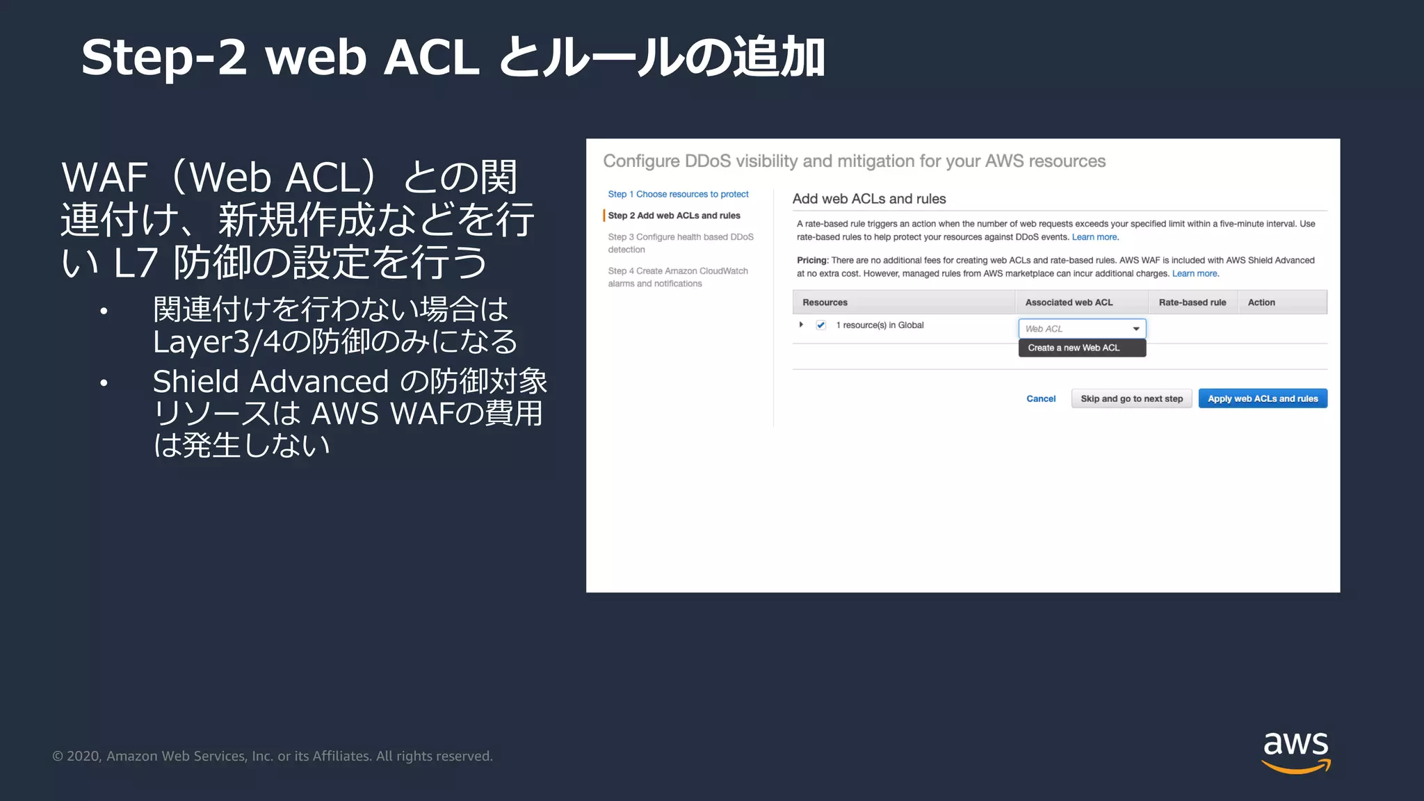 © 2020, Amazon Web Services, Inc. or its Affiliates. All rights reserved.
Step-2 web ACL とルールの追加
WAF（Web ACL）との関
連付け、新規作成などを行
い L7 防御の設定を行う
• 関連付けを行わない場合は
Layer3/4の防御のみになる
• Shield Advanced の防御対象
リソースは AWS WAFの費用
は発生しない
 