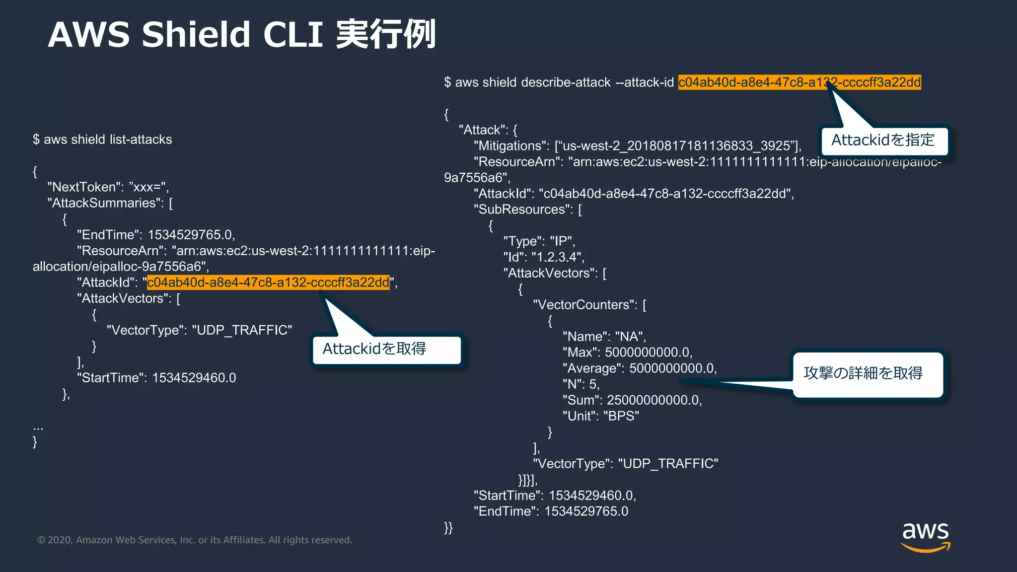 © 2020, Amazon Web Services, Inc. or its Affiliates. All rights reserved.
AWS Shield CLI 実行例
$ aws shield list-attacks
{
"NextToken": ”xxx=",
"AttackSummaries": [
{
"EndTime": 1534529765.0,
"ResourceArn": "arn:aws:ec2:us-west-2:1111111111111:eip-
allocation/eipalloc-9a7556a6",
"AttackId": "c04ab40d-a8e4-47c8-a132-ccccff3a22dd",
"AttackVectors": [
{
"VectorType": "UDP_TRAFFIC"
}
],
"StartTime": 1534529460.0
},
...
}
$ aws shield describe-attack --attack-id c04ab40d-a8e4-47c8-a132-ccccff3a22dd
{
"Attack": {
"Mitigations": [“us-west-2_20180817181136833_3925”],
"ResourceArn": "arn:aws:ec2:us-west-2:1111111111111:eip-allocation/eipalloc-
9a7556a6",
"AttackId": "c04ab40d-a8e4-47c8-a132-ccccff3a22dd",
"SubResources": [
{
"Type": "IP",
"Id": "1.2.3.4",
"AttackVectors": [
{
"VectorCounters": [
{
"Name": "NA",
"Max": 5000000000.0,
"Average": 5000000000.0,
"N": 5,
"Sum": 25000000000.0,
"Unit": "BPS"
}
],
"VectorType": "UDP_TRAFFIC"
}]}],
"StartTime": 1534529460.0,
"EndTime": 1534529765.0
}}
Attackidを取得
Attackidを指定
攻撃の詳細を取得
 