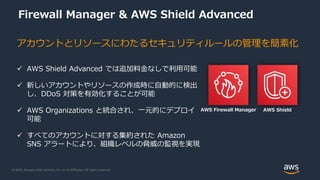 © 2020, Amazon Web Services, Inc. or its Affiliates. All rights reserved.
Firewall Manager & AWS Shield Advanced
 AWS Shield Advanced では追加料金なしで利用可能
 新しいアカウントやリソースの作成時に自動的に検出
し、DDoS 対策を有効化することが可能
 AWS Organizations と統合され、一元的にデプロイ
可能
 すべてのアカウントに対する集約された Amazon
SNS アラートにより、組織レベルの脅威の監視を実現
アカウントとリソースにわたるセキュリティルールの管理を簡素化
AWS ShieldAWS Firewall Manager
 