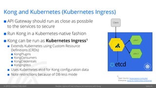 © OPITZ CONSULTING 2020 Flexible, hybrid API-led software architectures with Kong
Kong and Kubernetes (Kubernetes Ingress)
¢ API Gateway should run as close as possbile
to the services to secure
¢ Run Kong in a Kubernetes-native fashion
¢ Kong can be run as Kubernetes Ingress1
¢ Extends Kubernetes using Custom Resource
Definitions (CRDs)
¢ KongPlugins
¢ KongConsumers
¢ KongCredentials
¢ KongIngress
¢ Uses Kubernetes etcd for Kong configuration data
¢ Note restrictions because of DB-less mode
µSvc1
µSvc 2
Client
1)
Open Source: Kong Ingress Controller
Enterprise. Kong for Kubernetes Enterprise
Seite 23
 