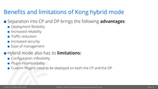 © OPITZ CONSULTING 2020 Flexible, hybrid API-led software architectures with Kong
Benefits and limitations of Kong hybrid mode
¢ Separation into CP and DP brings the following advantages:
¢ Deployment flexibility
¢ Increased reliability
¢ Traffic reduction
¢ Increased security
¢ Ease of management
¢ Hybrid mode also has its limitations:
¢ Configuration inflexibility
¢ Plugin incompatibility
¢ Custom Plugins need to be deployed on both the CP and the DP
Seite 26
 