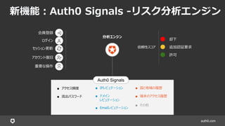 auth0.com
新機能：Auth0 Signals -リスク分析エンジン
■ アクセス頻度
■ 流出パスワード
会員登録
ログイン
セッション更新
アカウント復旧
重要な操作
分析エンジン
信頼性スコア
却下
追加認証要求
許可
■ IPレピュテーション
■ ドメイン
レピュテーション
■ Emailレピュテーション
■ 国と地域の履歴
■ 端末のアクセス履歴
■ その他
Auth0 Signals
 