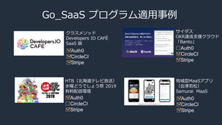 Go_SaaS プログラム適用事例
クラスメソッド
Developers IO CAFÉ
SaaS 版
サイダス
OKR達成支援クラウド
「Banto」
HTB（北海道テレビ放送）
水曜どうでしょう祭 2019
有料配信環境
□Auth0
□CircleCI
□Stripe
□Auth0
□CircleCI
□Stripe
□Auth0
□CircleCI
□Stripe
地域型MaaSアプリ
（会津若松）
Samurai MaaS
□Auth0
□CircleCI
□Stripe
 