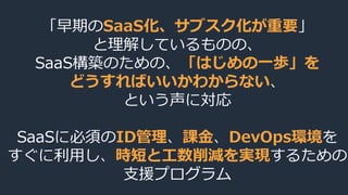 「早期のSaaS化、サブスク化が重要」
と理解しているものの、
SaaS構築のための、「はじめの一歩」を
どうすればいいかわからない、
という声に対応
SaaSに必須のID管理、課金、DevOps環境を
すぐに利用し、時短と工数削減を実現するための
支援プログラム
 