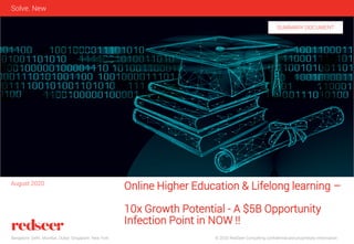 © 2020 RedSeer Consulting confidential and proprietary informationBangalore. Delhi. Mumbai. Dubai. Singapore. New York
Solve. New
Online Higher Education & Lifelong learning –
10x Growth Potential - A $5B Opportunity
Infection Point in NOW !!
August 2020
SUMMARY DOCUMENT
 