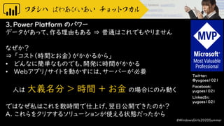 Twitter:
@yugoes1021
Facebook:
yugoes1021
LinkedIn:
yugoes1021
3．Power Platform のパワー
データがあって、作る理由もある ⇒ 普通はこれでもやりません
なぜか？
⇒ 「コスト（時間とお金）がかかるから」
• どんなに簡単なものでも、開発に時間がかかる
• Webアプリ/サイトを動かすには、サーバーが必要
人は 大義名分 > 時間 + お金 の場合にのみ動く
ではなぜ私はこれを数時間で仕上げ、翌日公開できたのか？
A. これらをクリアするソリューションが使える状態だったから
#WindowsGirls2020Summer
 