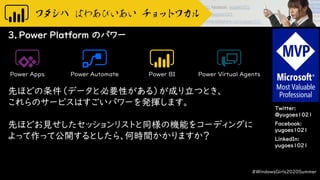 Twitter:
@yugoes1021
Facebook:
yugoes1021
LinkedIn:
yugoes1021
3．Power Platform のパワー
先ほどの条件（データと必要性がある）が成り立つとき、
これらのサービスはすごいパワーを発揮します。
先ほどお見せしたセッションリストと同様の機能をコーディングに
よって作って公開するとしたら、何時間かかりますか？
#WindowsGirls2020Summer
Power Apps Power BIPower Automate Power Virtual Agents
 
