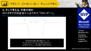 Twitter:
@yugoes1021
Facebook:
yugoes1021
LinkedIn:
yugoes1021
4．そして考える、今後の流れ
2018年9月経産省から出された「DXレポート」
https://www.meti.go.jp/shingikai/mono_info_service/digital_transformation/20180907_report.html
#WindowsGirls2020Summer
「2025年の崖を飛び越えろ！」って
プレゼンをやっている人が見られますが…
よく見てください。これは崖ではありません
 