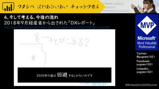 Twitter:
@yugoes1021
Facebook:
yugoes1021
LinkedIn:
yugoes1021
4．そして考える、今後の流れ
2018年9月経産省から出された「DXレポート」
https://www.meti.go.jp/shingikai/mono_info_service/digital_transformation/20180907_report.html
#WindowsGirls2020Summer
２０２５年の崖は 回避 するしかないのです
 