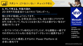 Twitter:
@yugoes1021
Facebook:
yugoes1021
LinkedIn:
yugoes1021
4．そして考える、今後の流れ
2018年9月経産省から出された「DXレポート」
https://www.meti.go.jp/shingikai/mono_info_service/digital_transformation/20180907_report.html
既に2年が経過しようとしてます。
企業内においても、日常生活においても、当たり前にクラウドや
API を使っていて、そんなことは全く気にする必要がない毎日が
実現されています
一方でかつてオンプレ時代もそうでしたが、今も課題は一緒です
それぞれのシステム内に存在するデータをいかに連携するか？
そのちょっとした橋渡しをするのに Power Platform は
非常に便利です
#WindowsGirls2020Summer
 