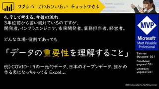 Twitter:
@yugoes1021
Facebook:
yugoes1021
LinkedIn:
yugoes1021
4．そして考える、今後の流れ
3年位前から言い続けているのですが、
開発者、インフラエンジニア、市民開発者、業務担当者、経営者。
どんな立場・役割であっても
「データの重要性を理解すること」
例）COVID-19の一元的データ、日本のオープンデータ、誰かの
作る表になっちゃってる Excel...
#WindowsGirls2020Summer
 
