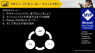 Twitter:
@yugoes1021
Facebook:
yugoes1021
LinkedIn:
yugoes1021
今日のメニュー
1. そのセッションリスト、見てもらいましょう
2. セッションリストを作成するまでの経緯
3. Power Platform のパワー
4. そして考える今後の流れ
#WindowsGirls2020Summer
手段
課題
データ
 
