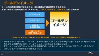 © 2020, Amazon Web Services, Inc. or its Affiliates. All rights reserved.
12
ゴールデンイメージ
ミドルウェア
アプリケーション
OSイメージ
（初期状態のAMI）
初期設定
各種環境構築
ゴールデン
イメージ
サービスが迅速に提供できるように、また組織内で共通利用できるように、
事前に構成された環境をマシンイメージ化し、テンプレートとして使えるようにしたもの
ゴールデンイメージにどのスタックまで含めるかは、トレードオフがあるため戦略的に考える
・初期イメージに近いほど、ゴールデンイメージをデプロイしてからReadyな状態にするまでの時間がかかる
・カスタマイズ量が多いほど、ゴールデンイメージを作成する時間はかかる
・アプリケーションやミドルウェアの更新頻度が高いのであれば、イメージに含めるスタックが増えるのに
比例してイメージを作り直す頻度も高くなる
 