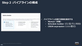 © 2020, Amazon Web Services, Inc. or its Affiliates.
43
Step 2 :パイプラインの構成
• パイプラインの実行契機を指定する
• Manual（手動）
• Schedule builder（日/週/月と時刻）
• CRON expression（cron書式）
 
